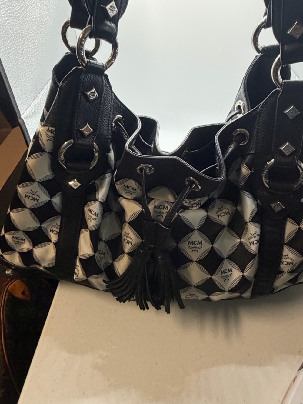 MCM Black & White Signature Drawstring Shoulder Bag